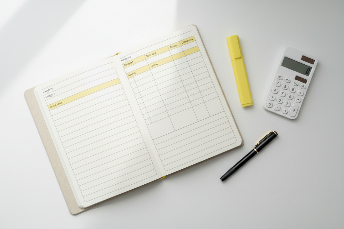 An open budget planner with blank income and spending columns, next to a calculator, highlighter and pen, ready to work out whether the money still adds up
