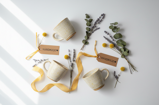 Handmade ceramic mugs, kraft gift tags and dried lavender arranged on a white surface, the aesthetic of a side hustle that did not work out