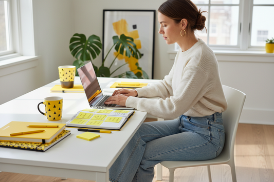 An overwhelmed millennial woman surrounded by an overflowing planner and to-do lists, illustrating burnout culture
