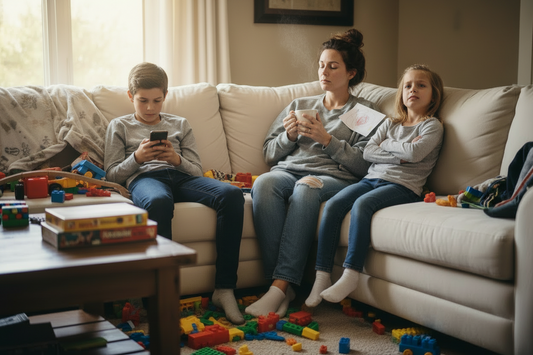 A tired mum sitting on the sofa with a mug between her two children, the living room floor covered in toys and board games during the school holidays