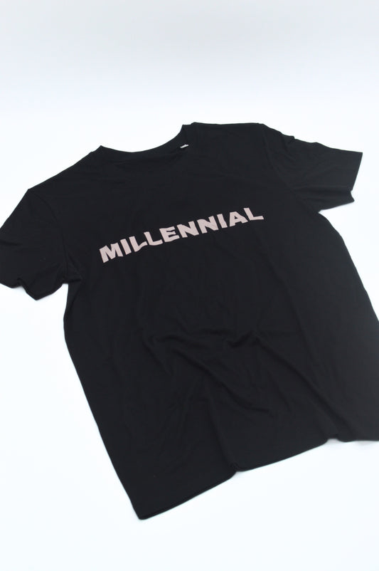 Black t-shirt with 'MILLENNIAL' text on a white background
