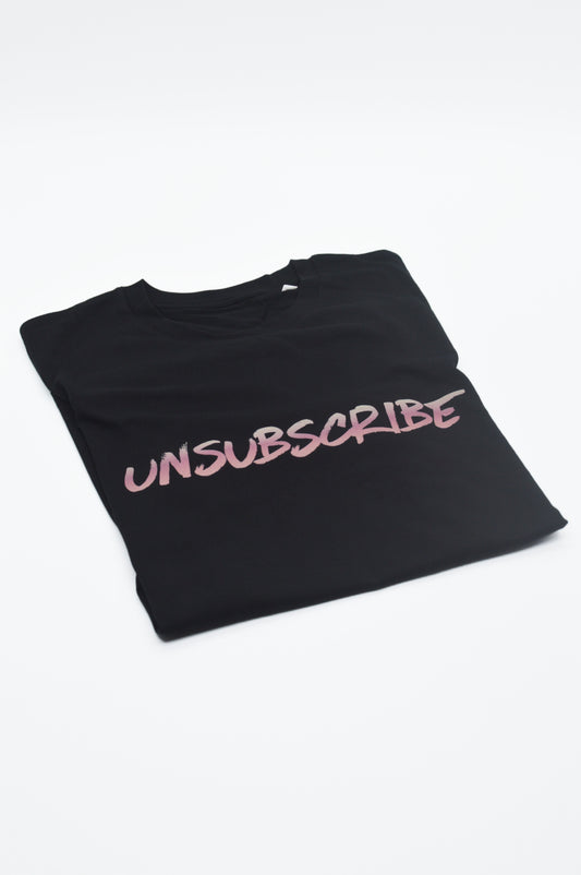 Black t-shirt with 'UNSUBSCRIBE' text on a white background