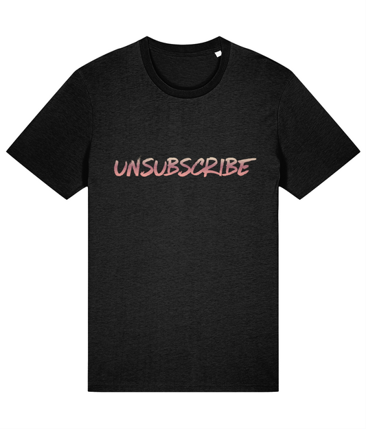 Black t-shirt with 'UNSUBSCRIBE' text on a white background