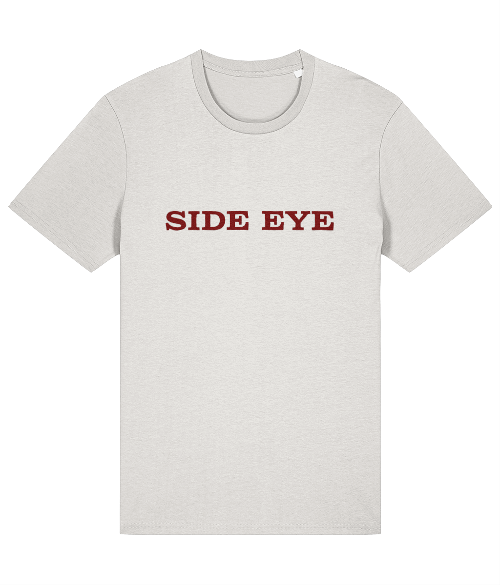 Vintage white t-shirt with 'SIDE EYE' text, front view