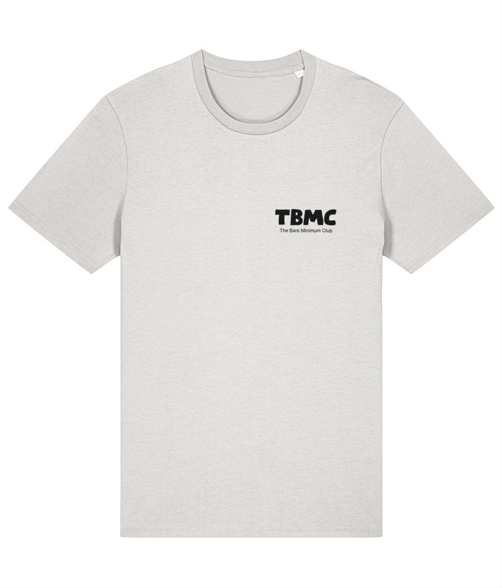 Folded vintage white t-shirt with 'TBMC' logo on a white background