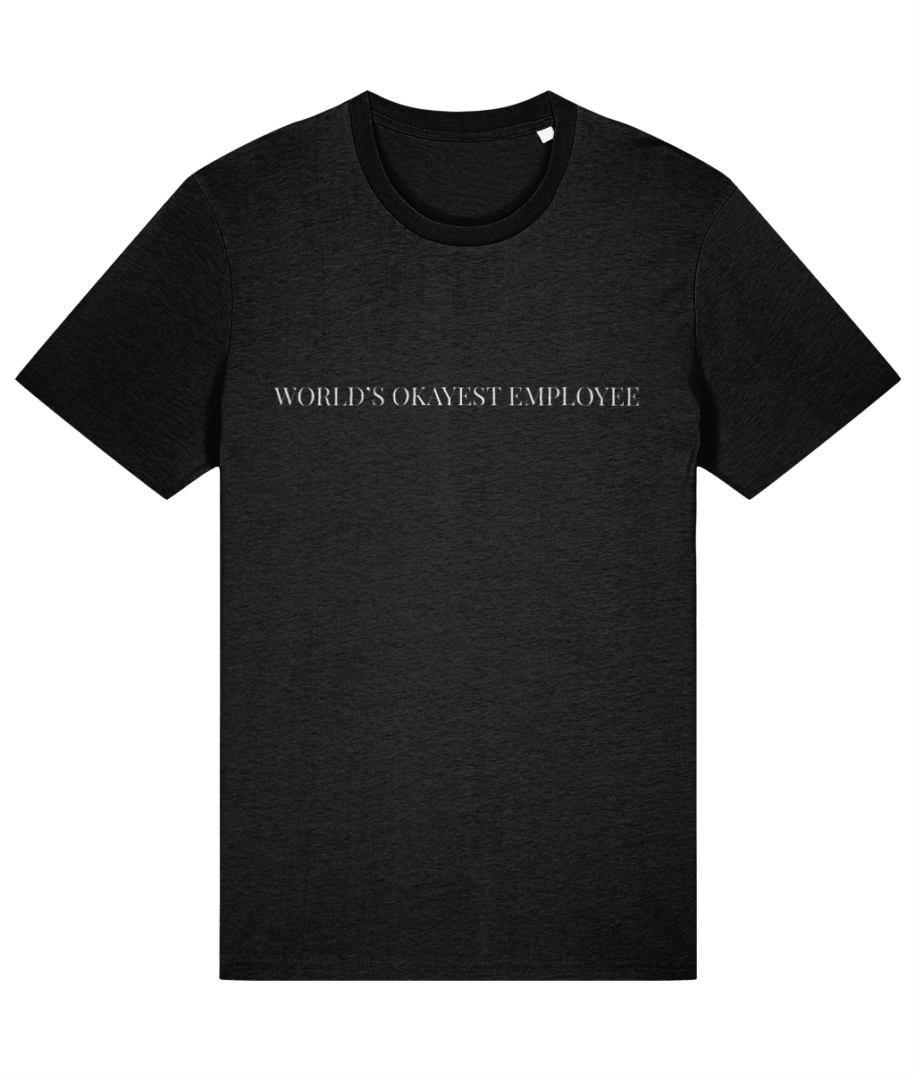 Black t-shirt with 'World's Okayest Employee' text on a white background
