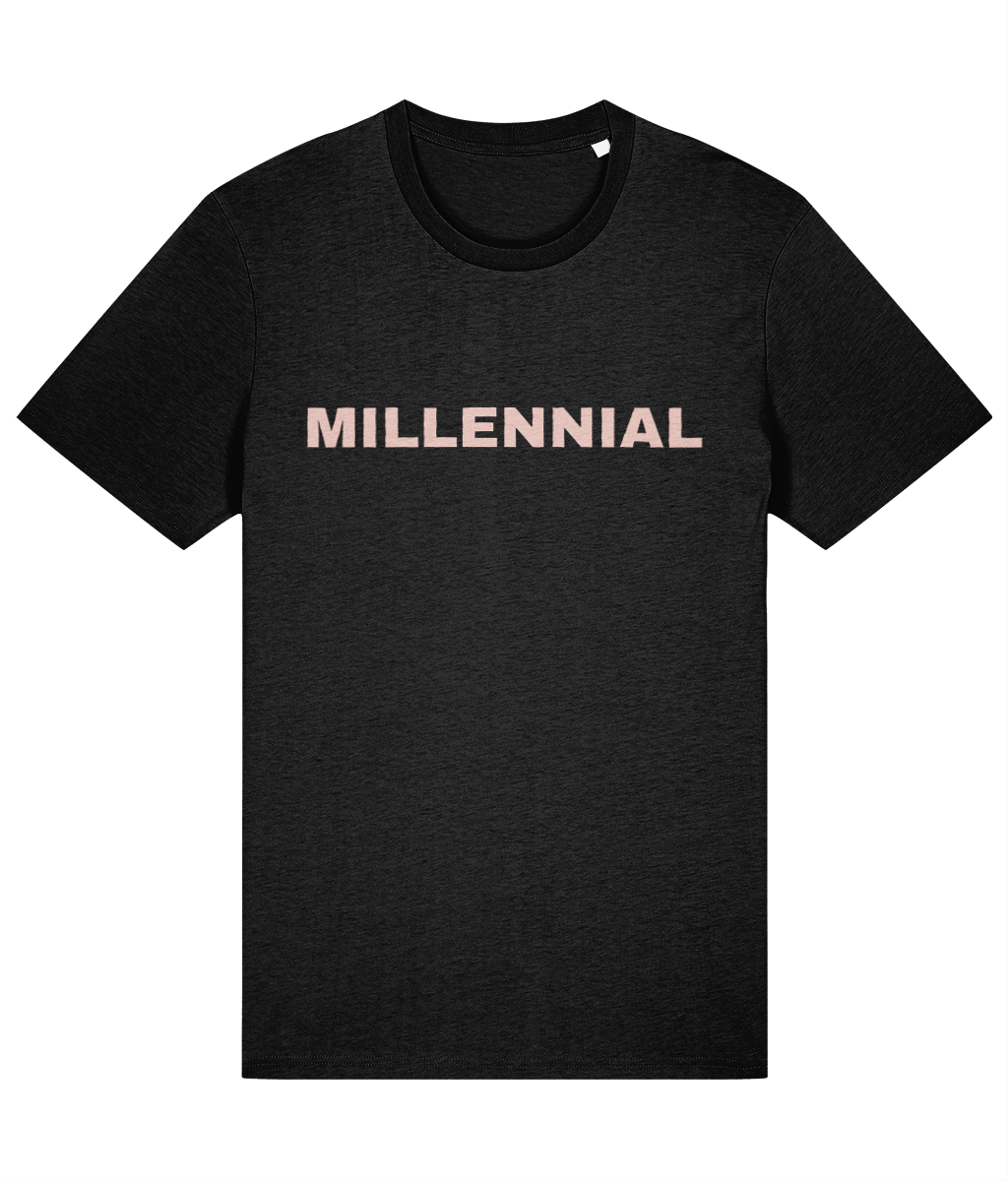 Black t-shirt with 'MILLENNIAL' text on a white background
