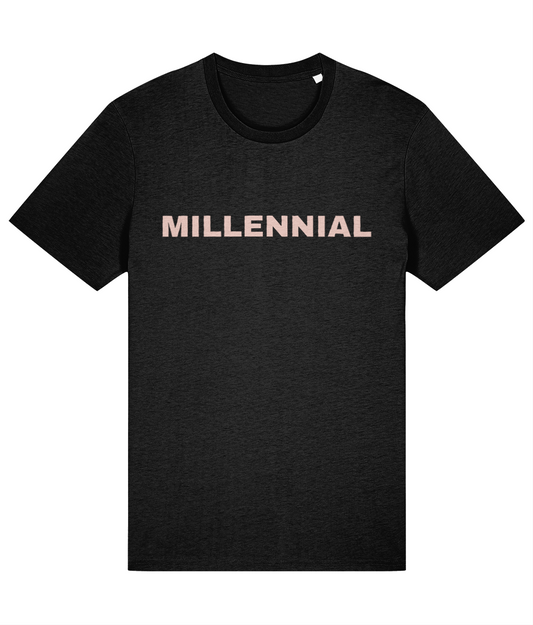 Black t-shirt with 'MILLENNIAL' text on a white background