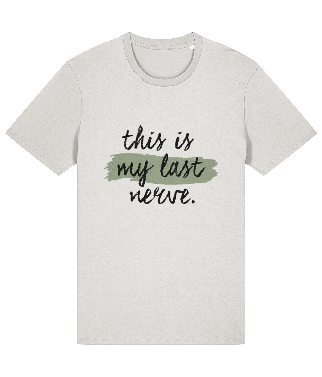Vintage white t-shirt with 'THIS IS MY LAST NERVE' text, front view